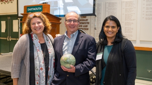 Helene Rassias-Miles '78a GR'08, 2020 Award Recipient Michael Mastanduno, and Alumni Council President-elect and chair of the Lifelong Learning Committee Chitra Narasimhan '92.
