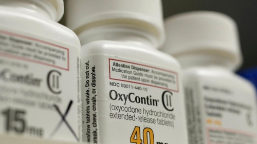 Bottles of the prescription painkiller OxyContin, made by Purdue Pharma, at a Utah pharmacy in April 2017. (George Frey/Reuters)