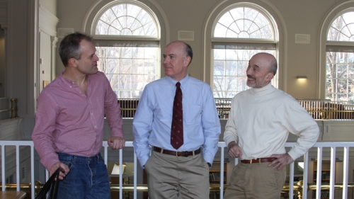 From left, Russell Muirhead, Doug Irwin, and Meir Kohn discuss the Political Economy Project, 